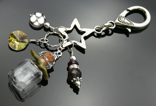 aromatherapy key chain with mini bottle, charms and crystals