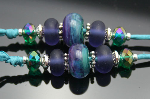 aqua and purple lampwork glass beads with zen crystals