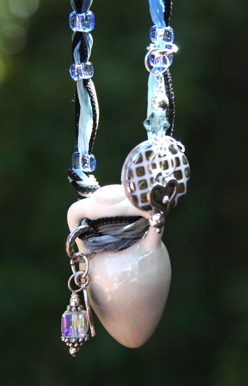 aromatherapy jewelry with silk ribbon, crystal dangles, sterling silver charms, and Czech beads