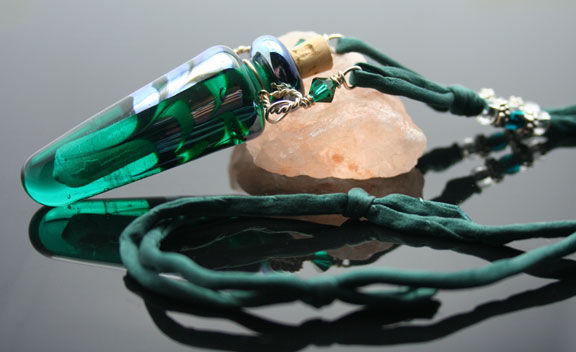 Deep emerald green glass aromatherapy bottle necklace