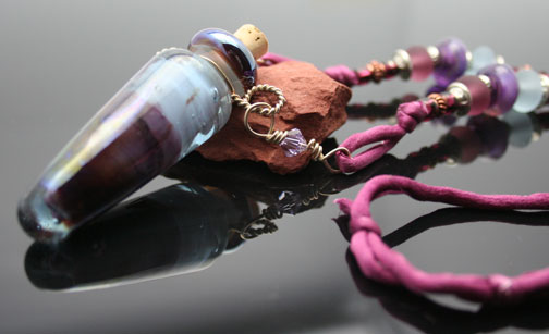Aroma bottle necklace on silk cord with silver and copper beads