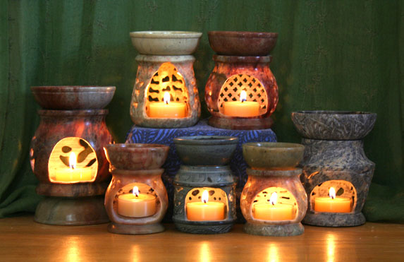 Aroma Lamps: Aromatherapy candle diffusers made out of soapstone. Beautiful carvings and lovely natural stone colorations accentuate this lovely aromatherapy diffuser. Choose many shapes and sizes.